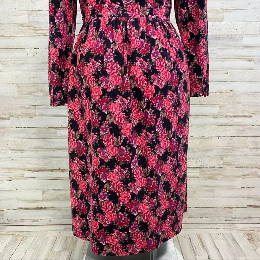Laura Ashley Vintage Floral Corduroy Dress Womens Size 10 Pink Black Velvet Trim - Picture 12 of 16